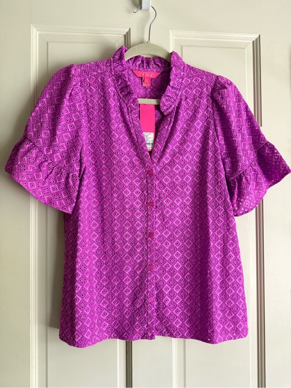 Lilly Pulitzer Magenta Eyelet Ruffle Neck Short Sleeve Blouse